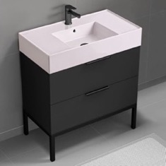 Modern Black Bathroom Vanity, 32 inch, Pink Ceramic Sink, Free Standing